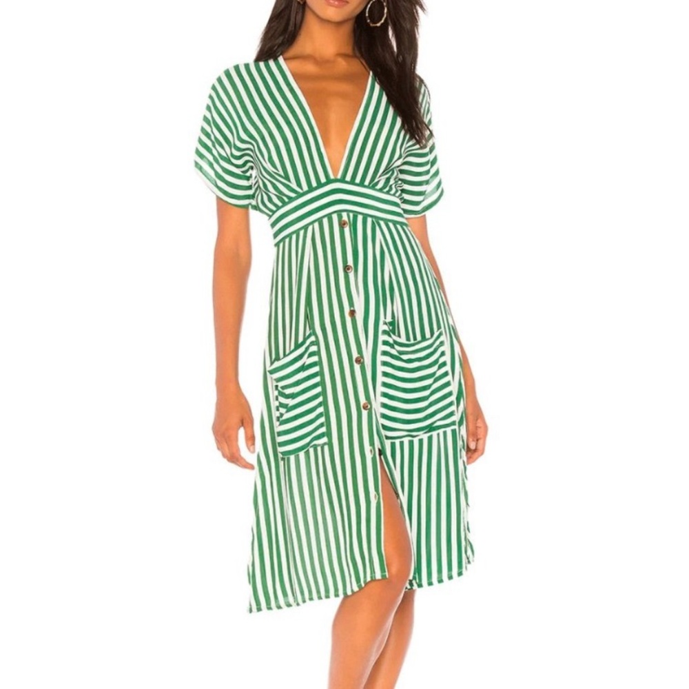 Faithful the Brand Milan MIDI Dress green & white stripe size US 4 Small
